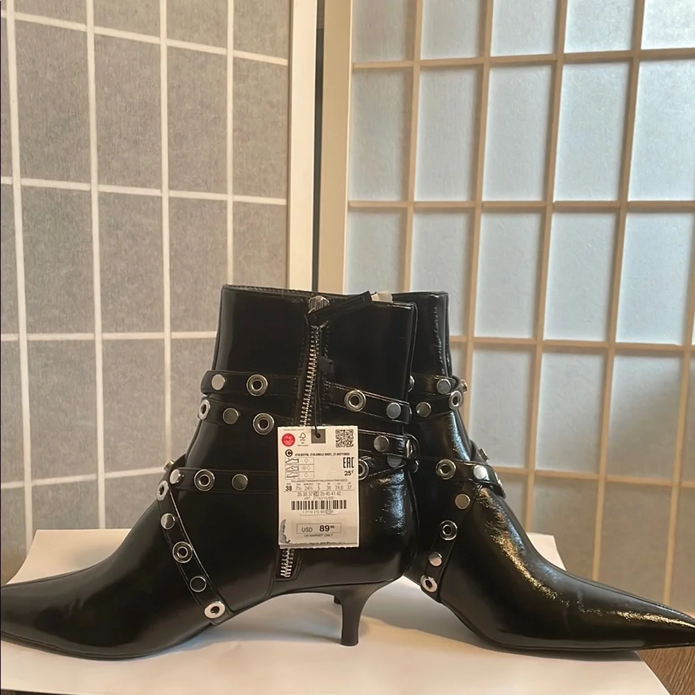 Zara Black Ankle Boots with Buckle Detail - Picture 7 of 8